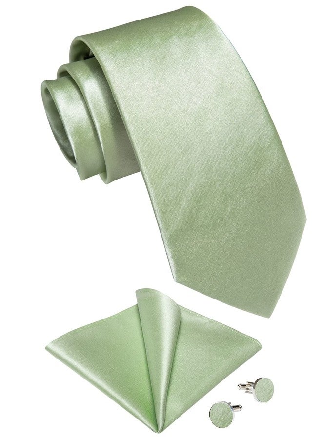 DiBanGu Light Green Tie for Men Satin Green Necktie and Pocket Square Cufflinks Sets Wedding Party - Image 4